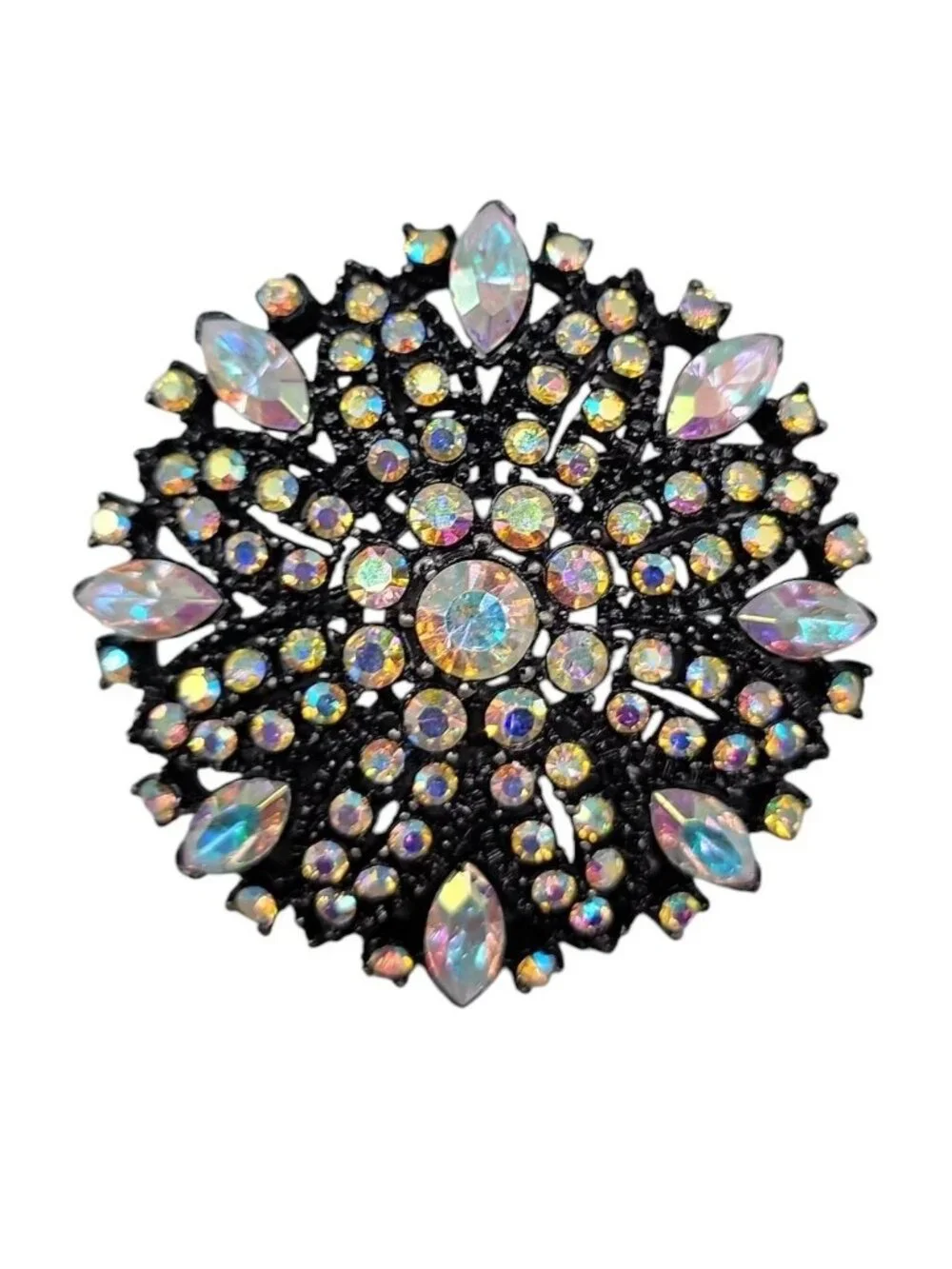 Vintage Style Aurora Borealis Rhinestone Brooch Pendant Domed Black Starburst